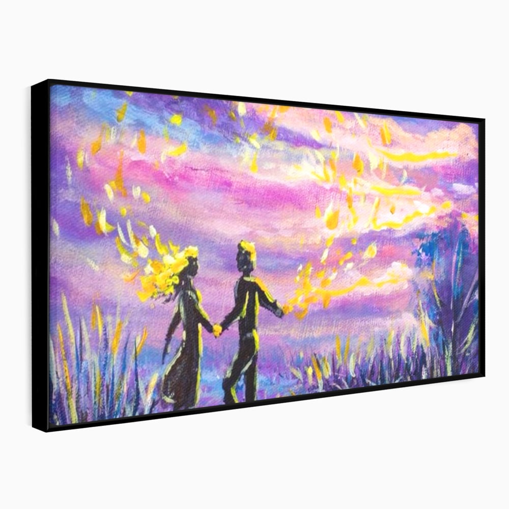 Tablou canvas cu tablou canvas cuplu sub cer lila, in rama de aluminiu negru